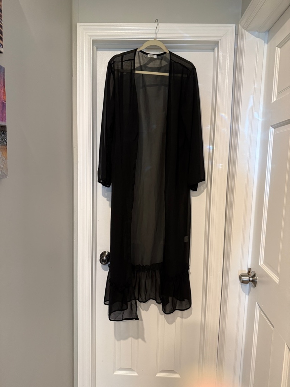 Sheer Black Ruffle-Hem‎ Kimono Duster